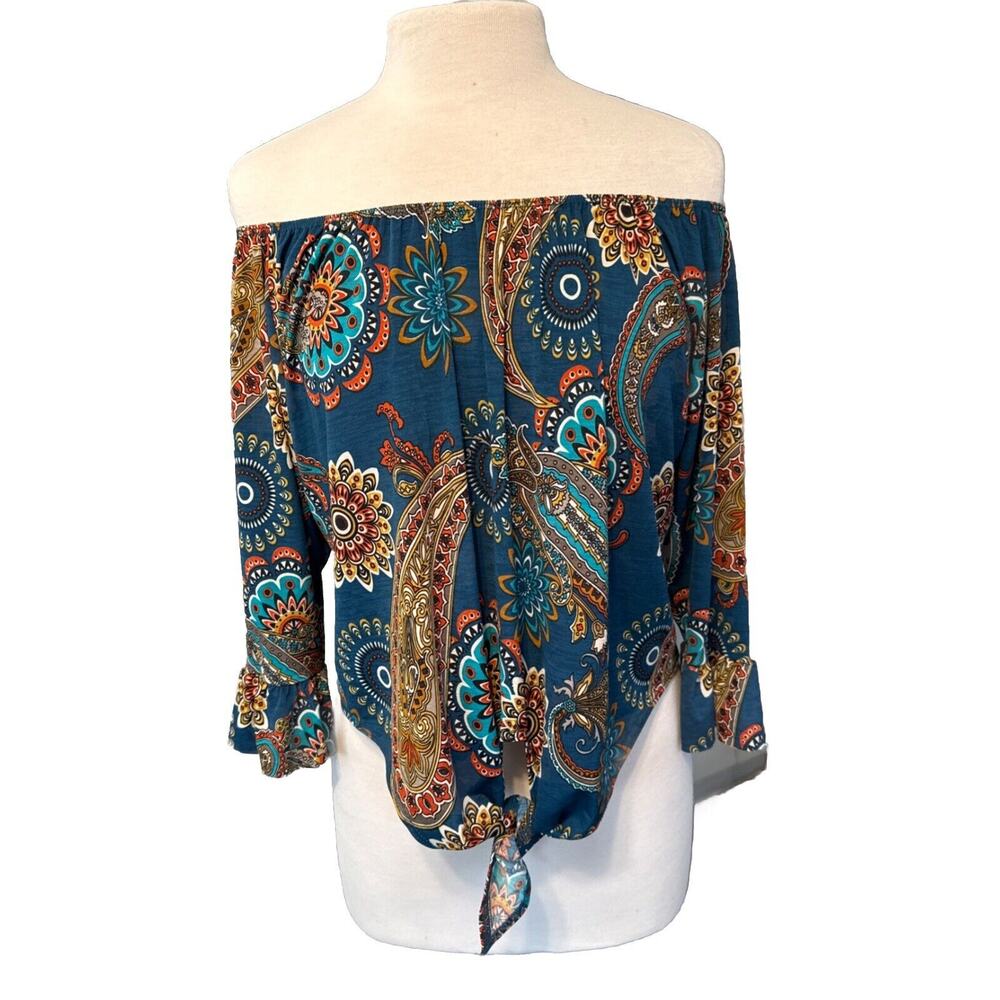 Women’s Voll Teal Paisley Blouse Sz XL Tie Front Knot Flared 3/4 Sleeve Boutique